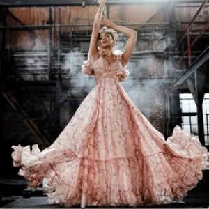 Mac Duggal Ruffle Tiered Floral Cut-Out Lace Back
Chiffon Gown (Size 2)